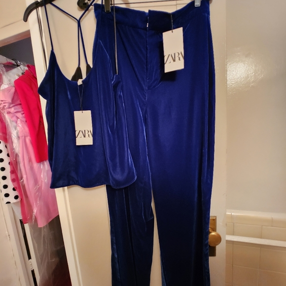 Zara Tops - Zara velvet set camisole top & pants blue top sz L. Pant M BNWT